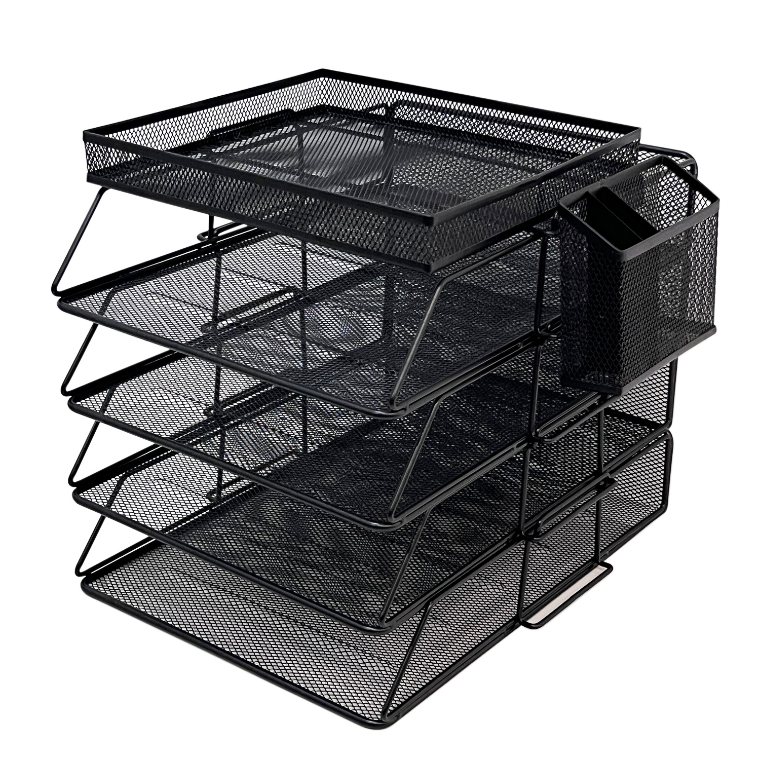 Office stationery multifunction black vertical 4-layer magazine holder metal mesh file tray organizer with container pen holder